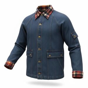 Valley Co Mens Denim Chore Jacket Medium Vintage Plaid Collar Cuffs Button Up